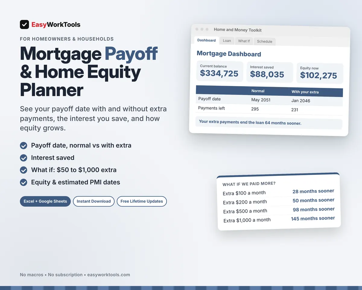 Mortgage Payoff and Home Equity Planner spreadsheet for Excel and Google Sheets. Payoff date with and without extra payments, interest saved, equity now and the What If table.