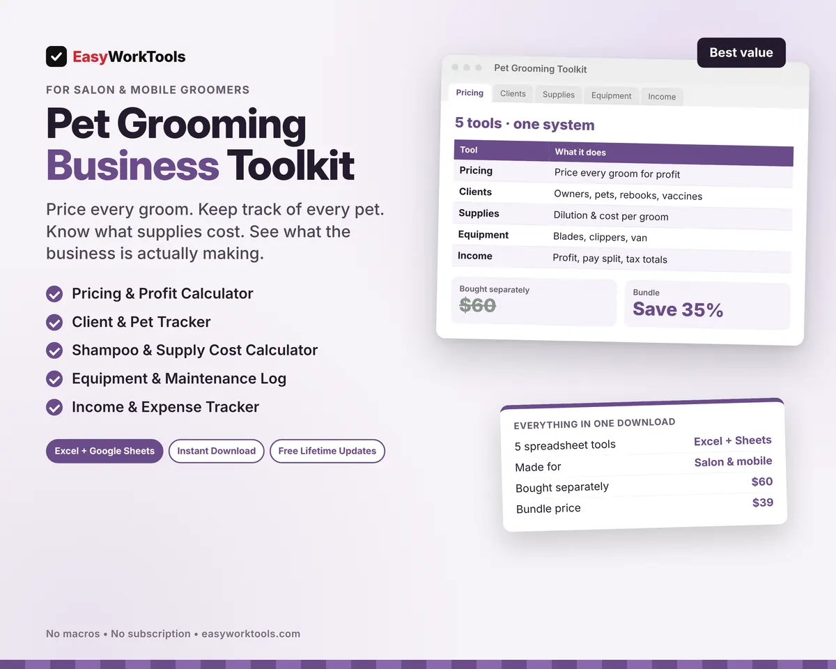 Pet Grooming Business Toolkit spreadsheet for Excel and Google Sheets. All five pet grooming tools in one download, at 35% off the separate price.