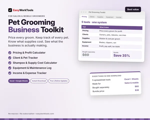 Pet Grooming Business Toolkit spreadsheet for Excel and Google Sheets. All five pet grooming tools in one download, at 35% off the separate price.