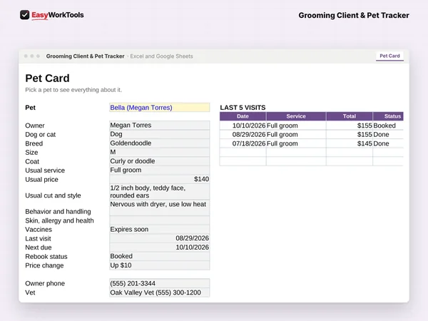 Grooming Client & Pet Tracker Pet Card tab in Excel and Google Sheets. A printable pet card with owner, blade and style notes, behavior and visit history.