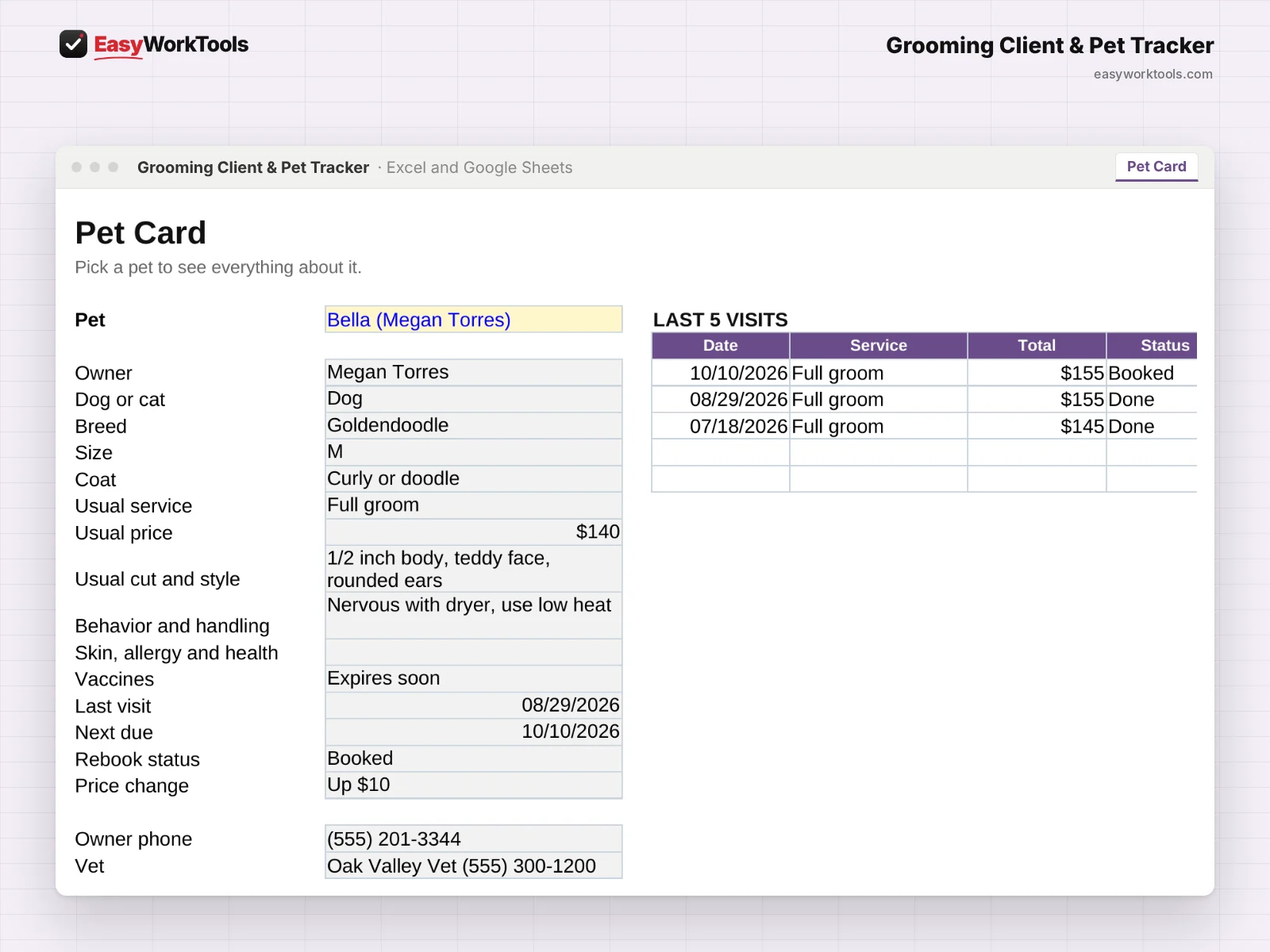 Grooming Client & Pet Tracker Pet Card tab in Excel and Google Sheets. A printable pet card with owner, blade and style notes, behavior and visit history.