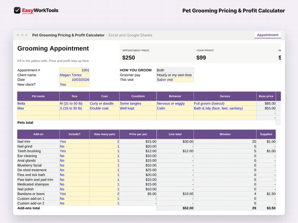 Pet Grooming Pricing & Profit Calculator Appointment tab in Excel and Google Sheets. The Appointment tab prices up to 4 pets by size, coat, condition and behavior, with profit and real dollars per hour at the top.
