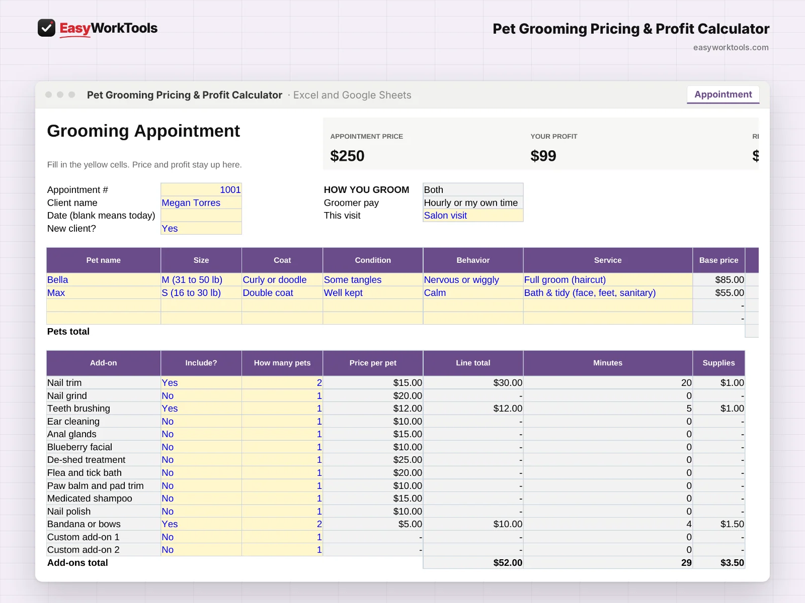 Pet Grooming Pricing & Profit Calculator Appointment tab in Excel and Google Sheets. The Appointment tab prices up to 4 pets by size, coat, condition and behavior, with profit and real dollars per hour at the top.