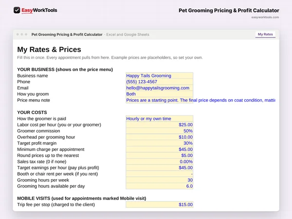 Pet Grooming Pricing & Profit Calculator My Rates tab in Excel and Google Sheets. My Rates, where you set your prices, adjustments, pay type and salon or mobile costs once.