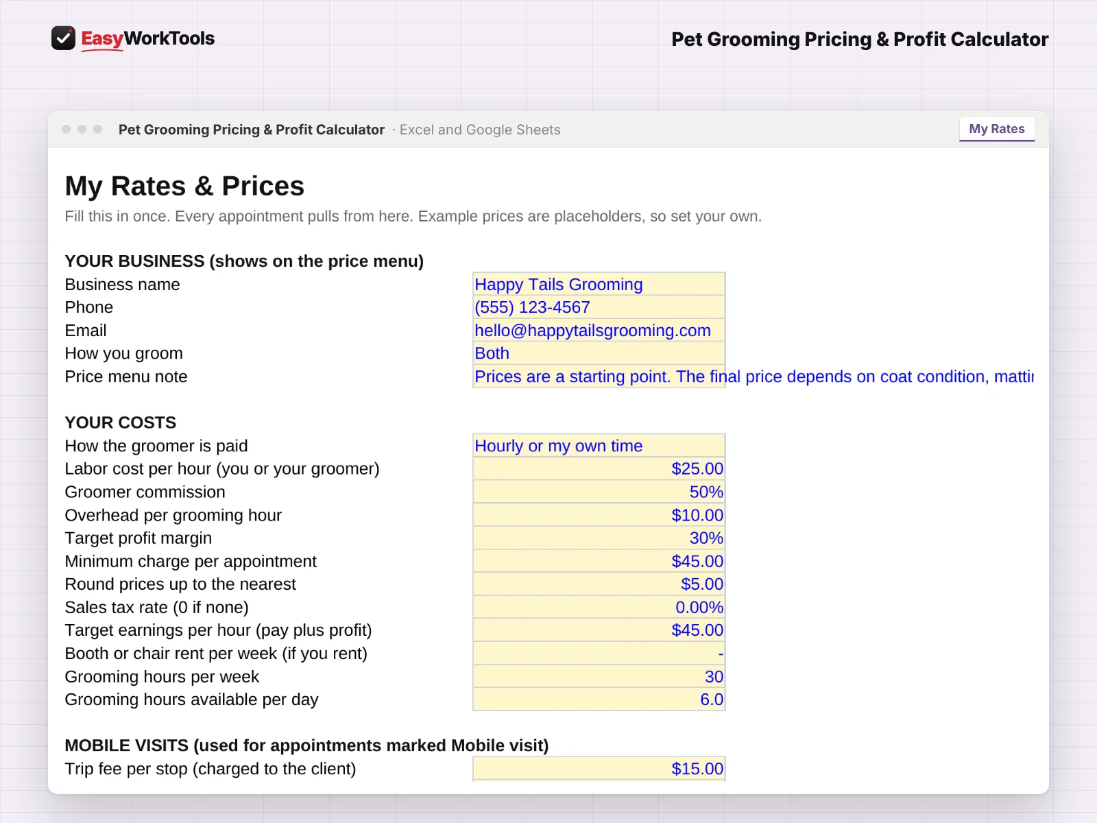 Pet Grooming Pricing & Profit Calculator My Rates tab in Excel and Google Sheets. My Rates, where you set your prices, adjustments, pay type and salon or mobile costs once.