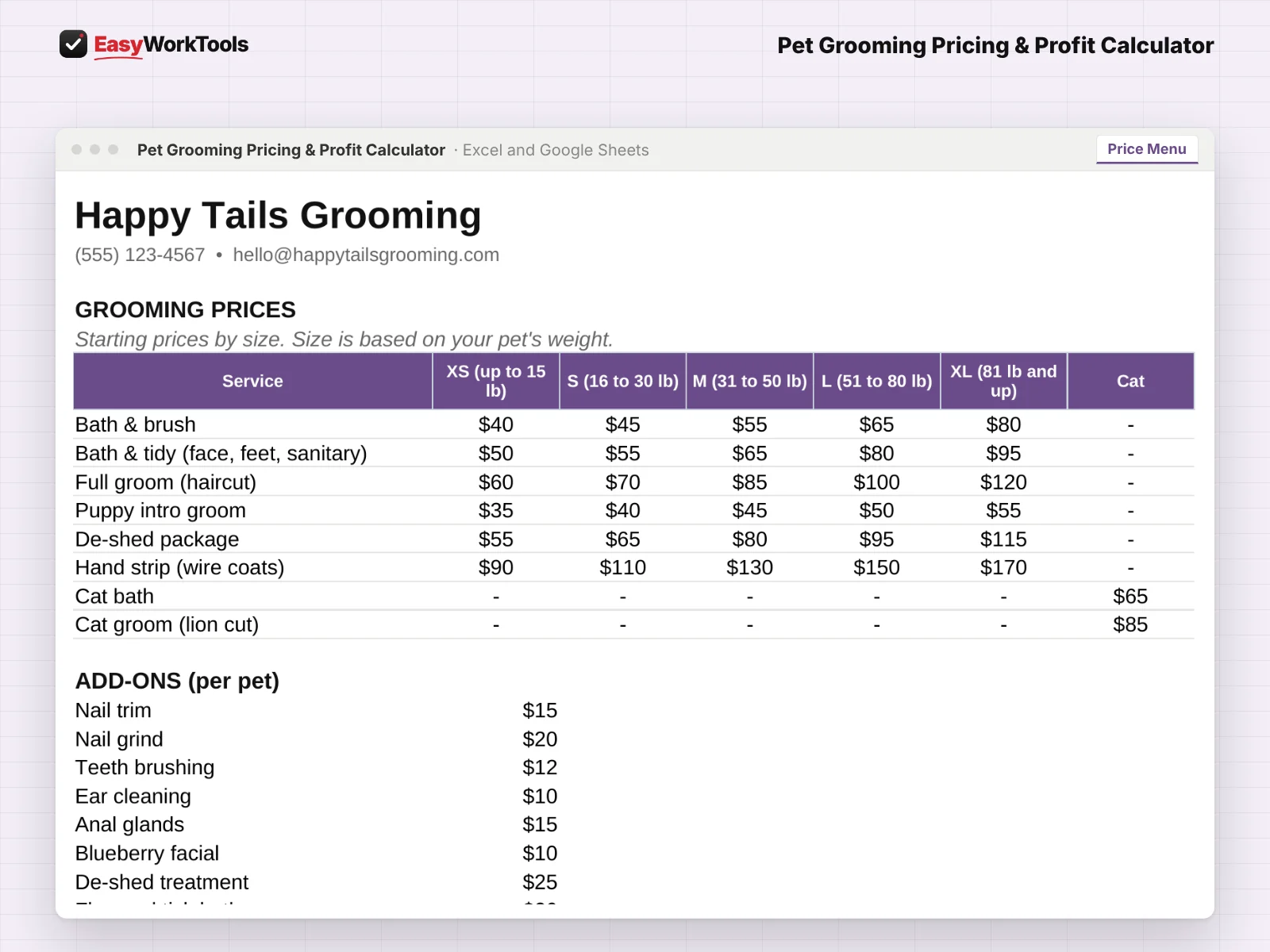 Pet Grooming Pricing & Profit Calculator Price Menu tab in Excel and Google Sheets. A printable price menu for clients, built from your own price grid. Your costs never show.