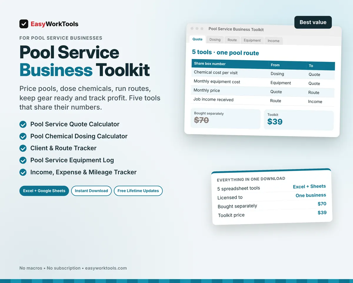 Pool Service Business Spreadsheets: Pool Service Business Toolkit spreadsheet for Excel and Google Sheets. All five pool service tools in one download, $39 instead of $70.