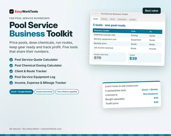 Pool Service Business Toolkit spreadsheet for Excel and Google Sheets. All five pool service tools in one download, $39 instead of $70.