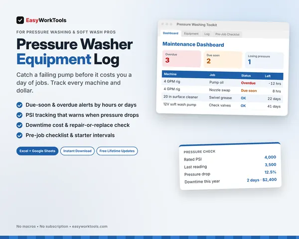 Pressure Washer Equipment Log spreadsheet for Excel and Google Sheets. The Maintenance Dashboard with overdue jobs, a pressure check showing a 12.5% PSI drop, and downtime cost.