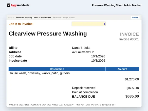 Pressure Washing Client & Job Tracker Invoice tab in Excel and Google Sheets. Type a job number and the invoice fills itself in, deposit and balance included.