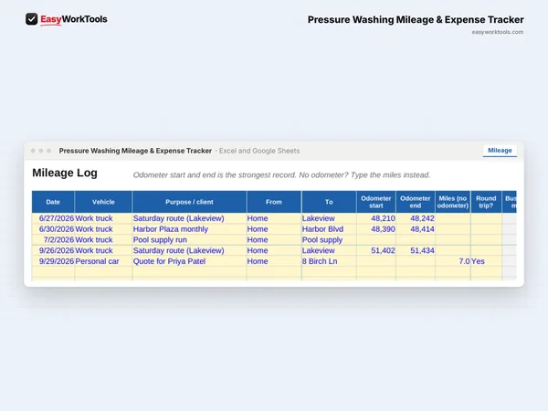 Pressure Washing Mileage & Expense Tracker Mileage tab in Excel and Google Sheets. The mileage log applies the right IRS rate for each trip's date.
