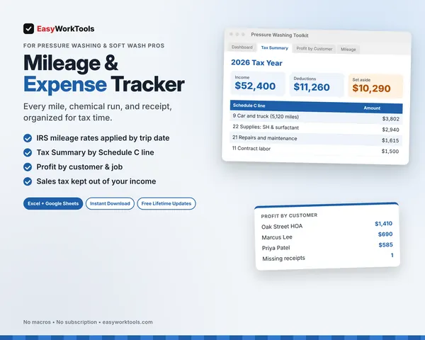 Pressure Washing Mileage & Expense Tracker spreadsheet for Excel and Google Sheets. The Tax Summary by Schedule C line with chemical costs, plus profit by customer.
