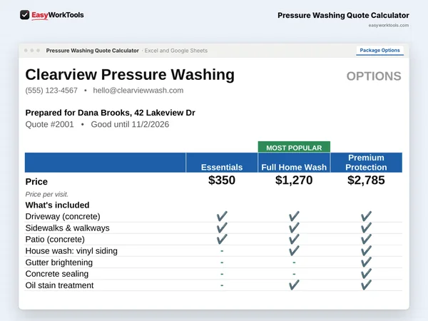 Pressure Washing Quote Calculator Package Options tab in Excel and Google Sheets. Good, Better, Best packages side by side, ready to show your customer.