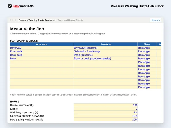 Pressure Washing Quote Calculator Measure tab in Excel and Google Sheets. Measure flatwork, house walls, roofs, fences, and gutters in one place.