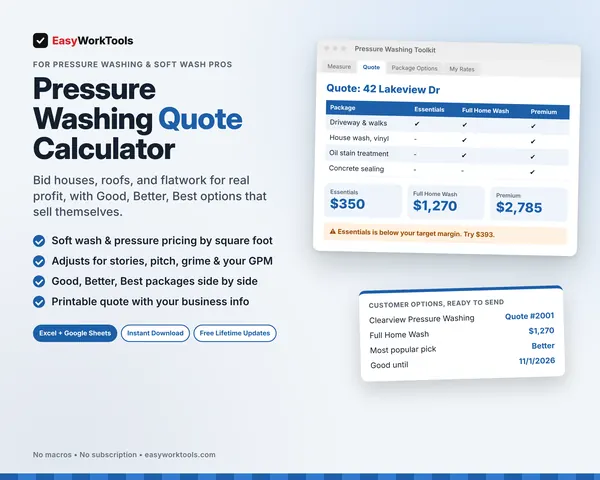 Pressure Washing Quote Calculator spreadsheet for Excel and Google Sheets. The Quote tab with Essentials, Full Home Wash, and Premium packages priced side by side, plus a margin warning that shows the fix.
