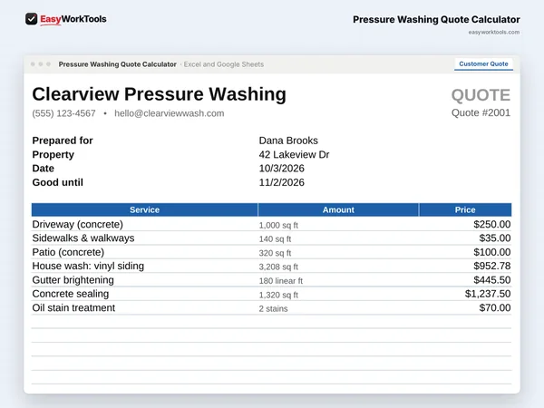 Pressure Washing Quote Calculator Customer Quote tab in Excel and Google Sheets. The printable customer quote with your business info. Your costs never show.