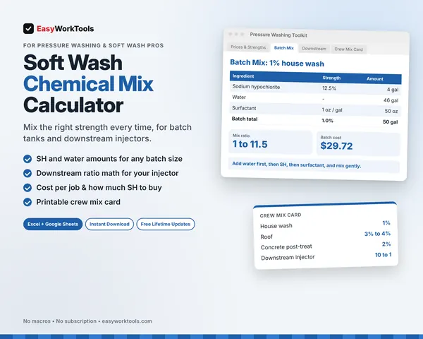 Soft Wash Chemical Mix Calculator spreadsheet for Excel and Google Sheets. A 50 gallon, 1% house wash batch with SH, water, and surfactant amounts, the mix ratio, and the Crew Mix Card.