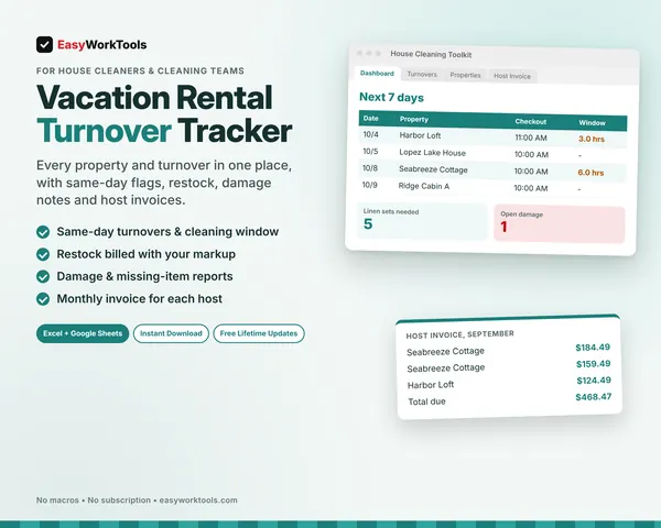 Vacation Rental Turnover Tracker spreadsheet for Excel and Google Sheets. The next 7 days of turnovers with same-day windows, linens needed and a monthly host invoice.
