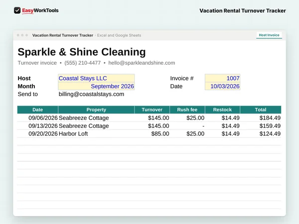 Vacation Rental Turnover Tracker Host Invoice tab in Excel and Google Sheets. A printable monthly invoice for each host with every finished turnover.