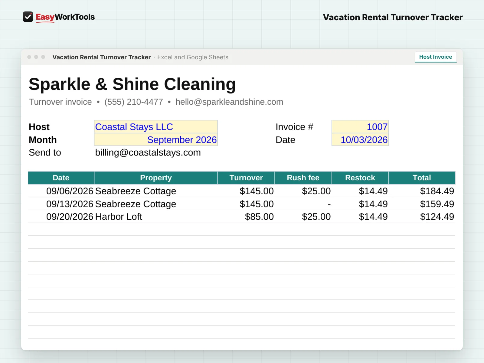 Vacation Rental Turnover Tracker Host Invoice tab in Excel and Google Sheets. A printable monthly invoice for each host with every finished turnover.