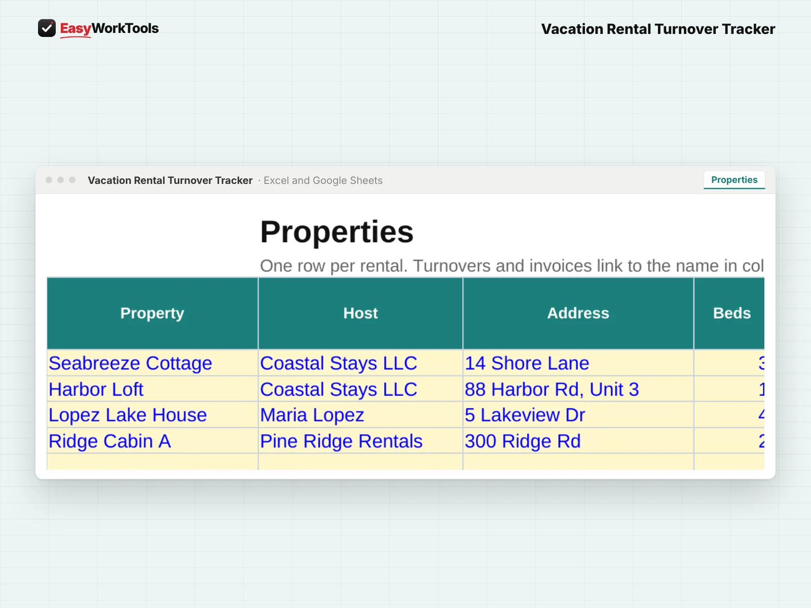 Vacation Rental Turnover Tracker Properties tab in Excel and Google Sheets. Every rental with its host, price, usual hours, entry notes and linen sets.