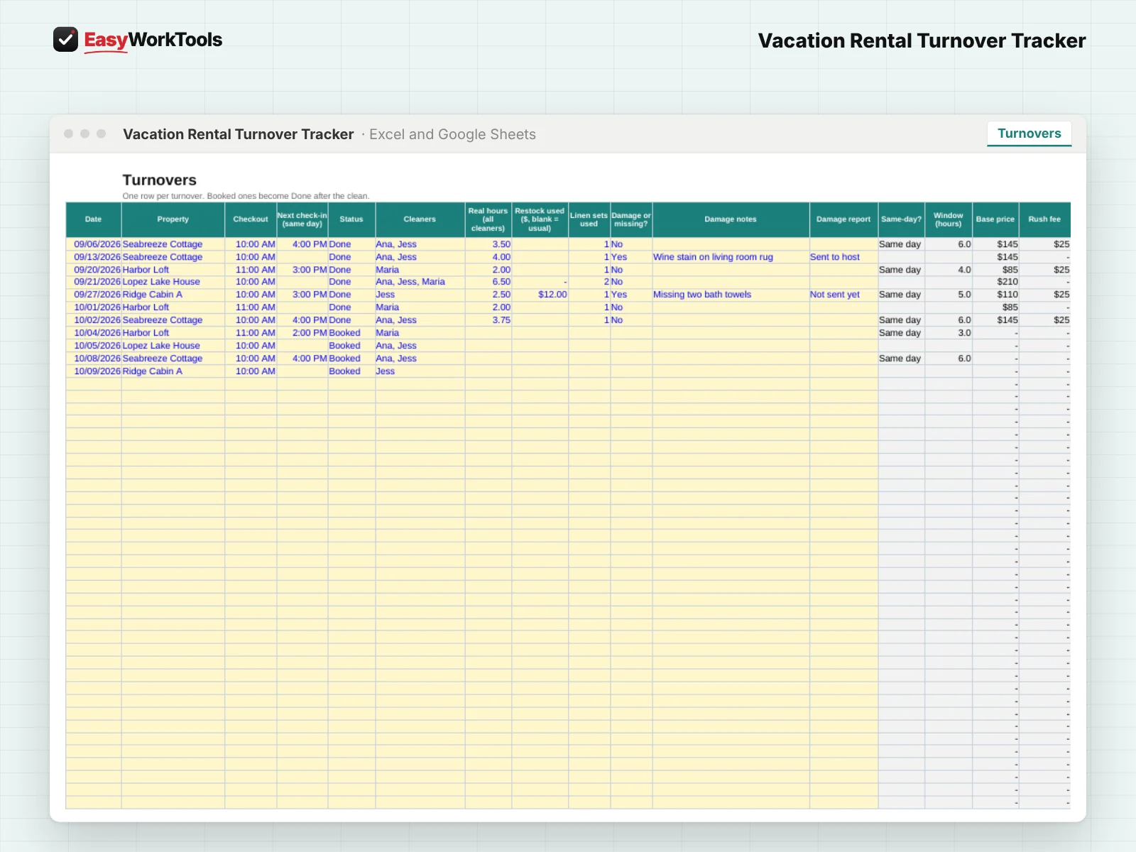 Vacation Rental Turnover Tracker Turnovers tab in Excel and Google Sheets. The turnover log with same-day flags, the cleaning window, rush fees, restock and damage notes.